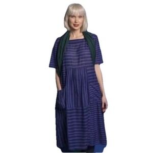 Gudrun Sjoden Dress Blue Purple Striped Pockets Size L Lagenlook Oversized